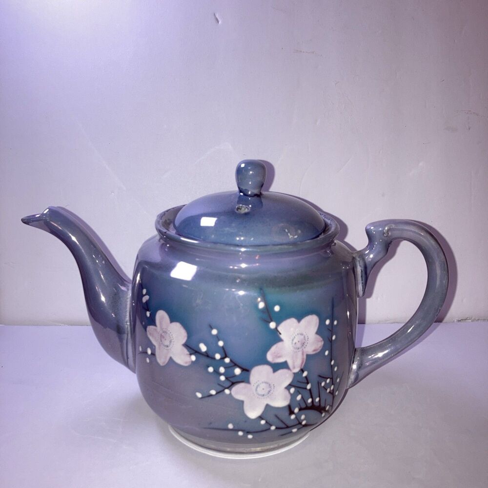 1950s VINTAGE Teapot Blue Cherry Blossom Lustreware Japan
